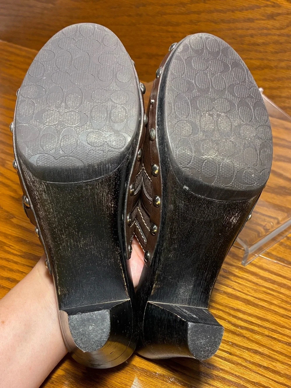 Y2K VTG Coach Horsebit Stud Wooden Heel Clogs Brown Leather Size 6